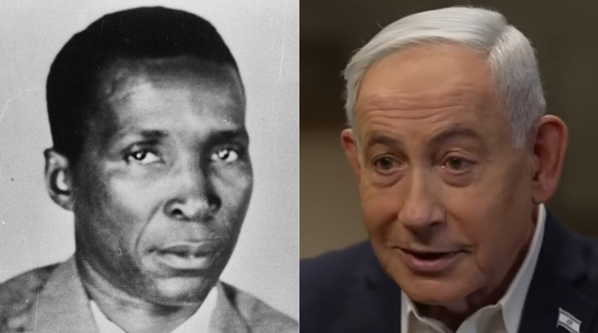 מימין: רה"מ הנאשם בנימין נתניהו והרודן הגיניאי פרנסיסקו מסיאס נגמה (צילומים: צילום מסך וארכיון הולנדי)