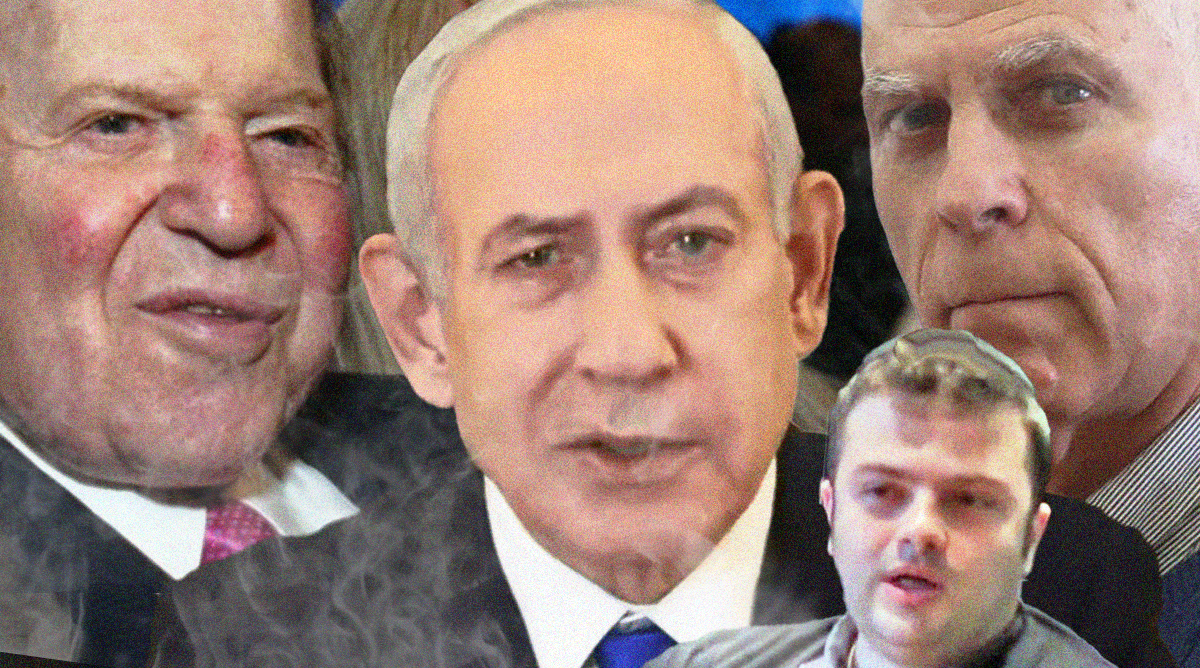 מימין: נאשם מס' 2 ארנון (נוני) מוזס, מו"ל "ידיעות אחרונות"; בן האוליגרך יצחק מירילשוילי, מו"ל ערוץ 14; נאשם מס' 1 בנימין נתניהו, ראש ממשלת ישראל; שלדון אדלסון המנוח, לשעבר מו"ל "ישראל היום" (צילומים מקוריים: פלאש90 וצילומי מסך)