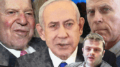 מימין: נאשם מס' 2 ארנון (נוני) מוזס, מו"ל "ידיעות אחרונות"; בן האוליגרך יצחק מירילשוילי, מו"ל ערוץ 14; נאשם מס' 1 בנימין נתניהו, ראש ממשלת ישראל; שלדון אדלסון המנוח, לשעבר מו"ל "ישראל היום" (צילומים מקוריים: פלאש90 וצילומי מסך)