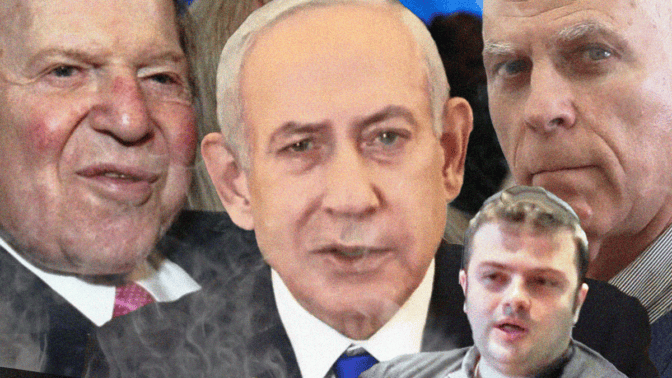 מימין: נאשם מס' 2 ארנון (נוני) מוזס, מו"ל "ידיעות אחרונות"; בן האוליגרך יצחק מירילשוילי, מו"ל ערוץ 14; נאשם מס' 1 בנימין נתניהו, ראש ממשלת ישראל; שלדון אדלסון המנוח, לשעבר מו"ל "ישראל היום" (צילומים מקוריים: פלאש90 וצילומי מסך)