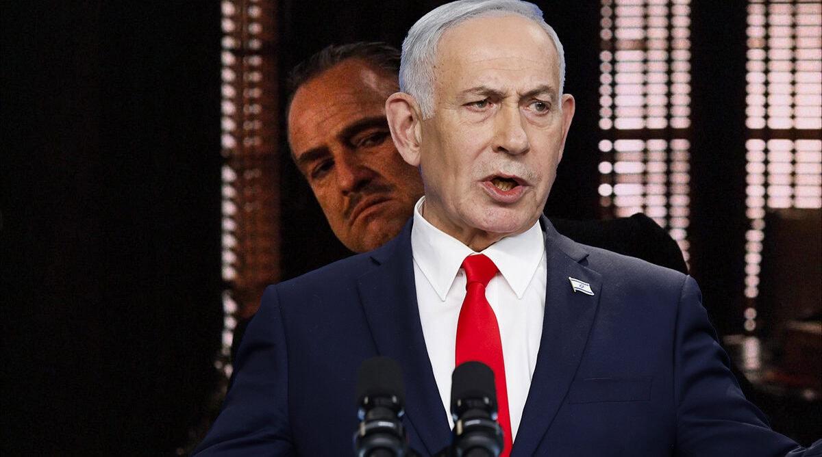 בנימין נתניהו והסנדק (צילום מקורי: אוליבייה פיטוסי)