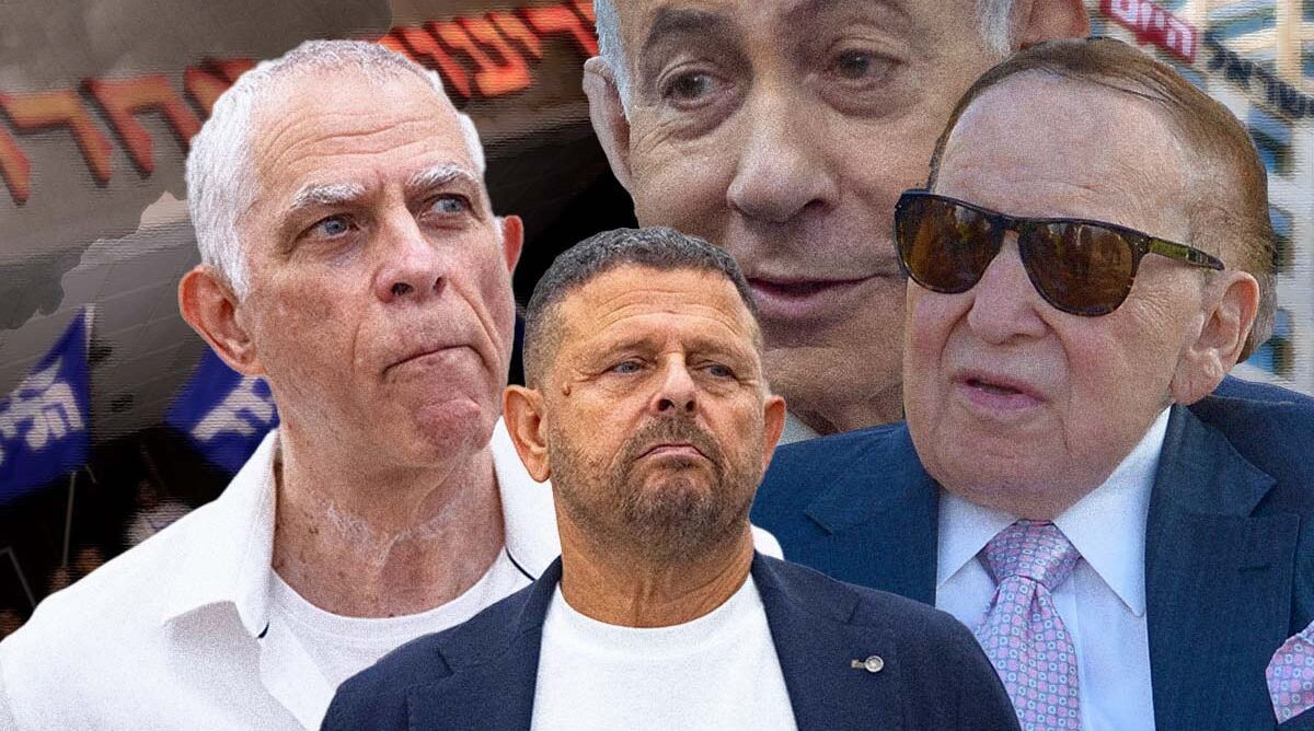 מימין: שלדון אדלסון, המו"ל המנוח של "ישראל היום"; רה"מ הנאשם בנימין נתניהו; הח"כ לשעבר איתן כבל; מו"ל "ידיעות אחרונות" ארנון (נוני) מוזס (צילומים: פלאש90)